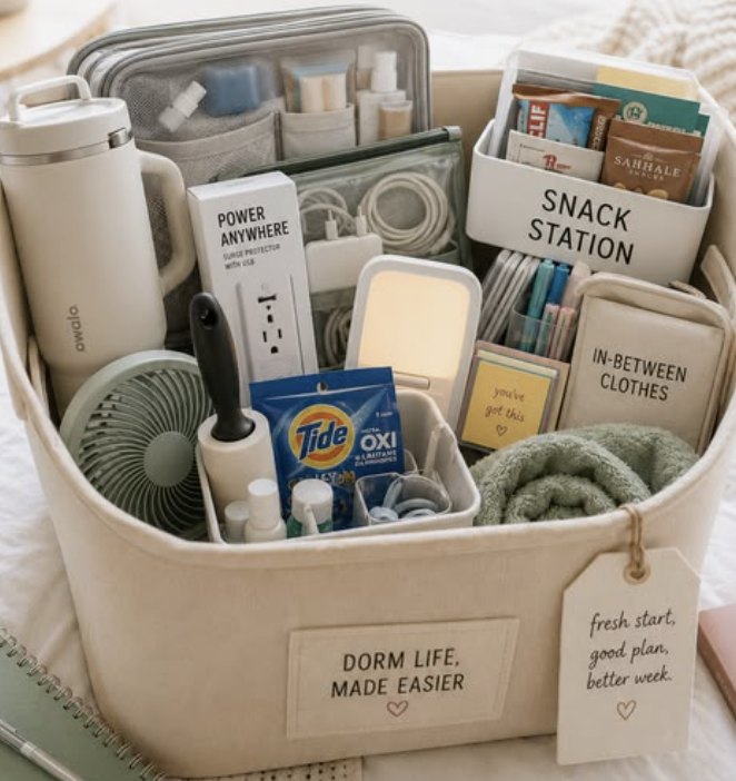 Example gift basket: Dorm life, made easier, with a tumbler, surge protector, snack station, fan, laundry essentials and a handwritten tag
