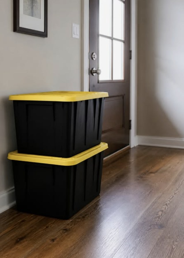 Two stacked heavy-duty moving bins with yellow lids in an entryway