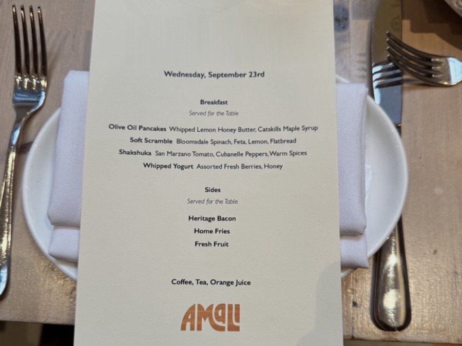 Custom printed breakfast menu at a place setting