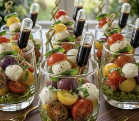 Inspiration: caprese salad in glasses with balsamic pipettes