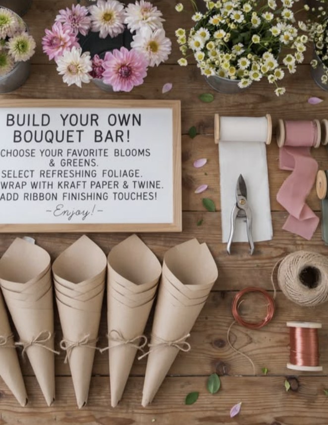 Inspiration: a build-your-own bouquet station with kraft cones, ribbon and shears