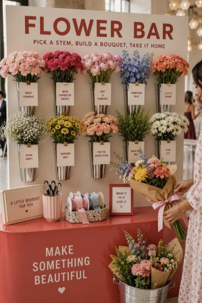 Inspiration: a flower bar wall with labeled stems and a wrapping station